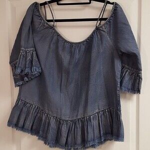 Chambray Off the Shoulder Top Cold Shoulder Takara